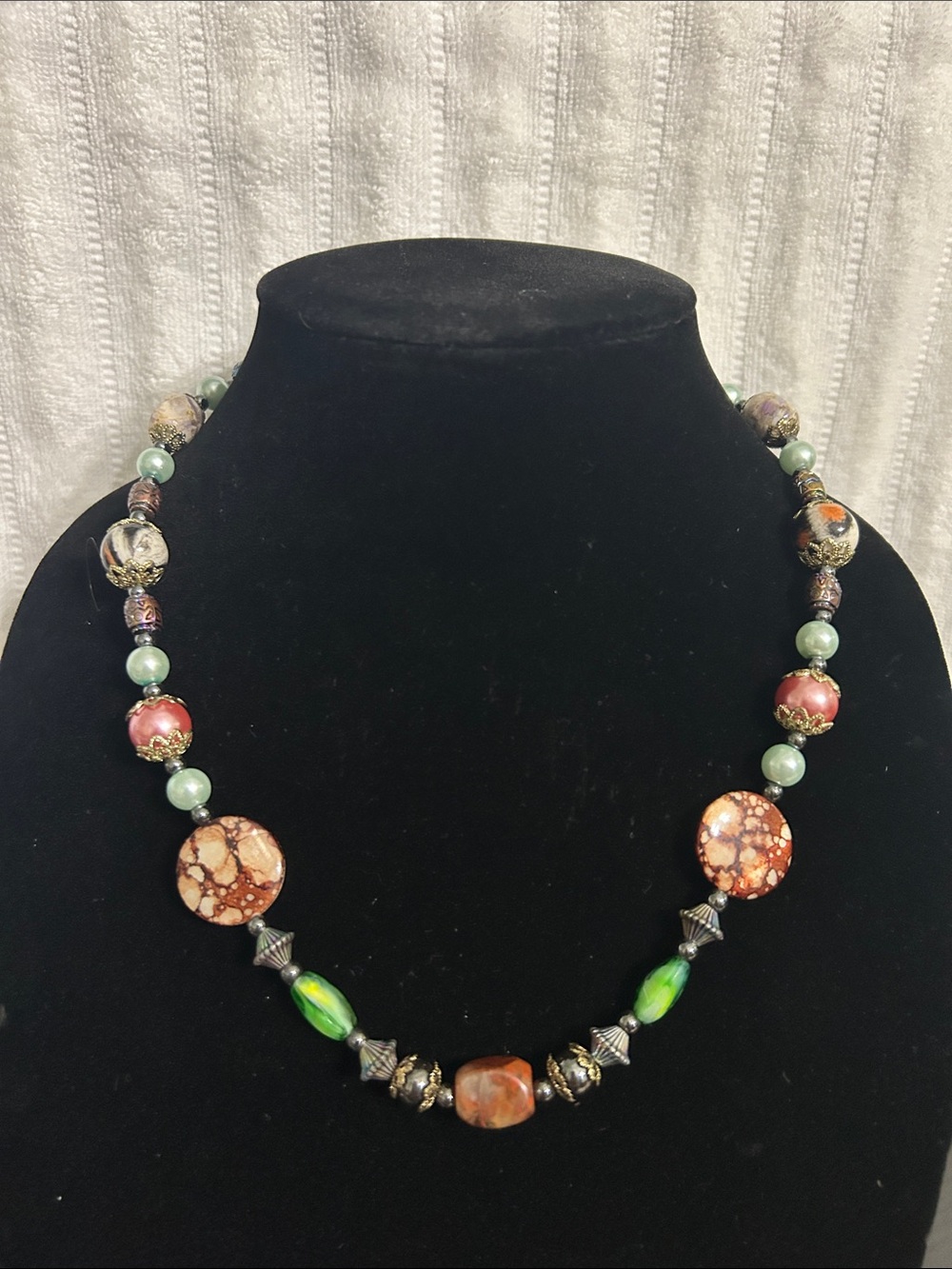 Handcrafted Multicolor Beaded Necklace - Green & Rust Accents